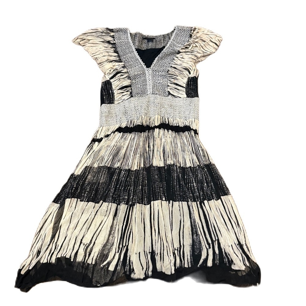 Vivienne Tam Black Cream Midi Dress Sz 0 100% Silk A-line